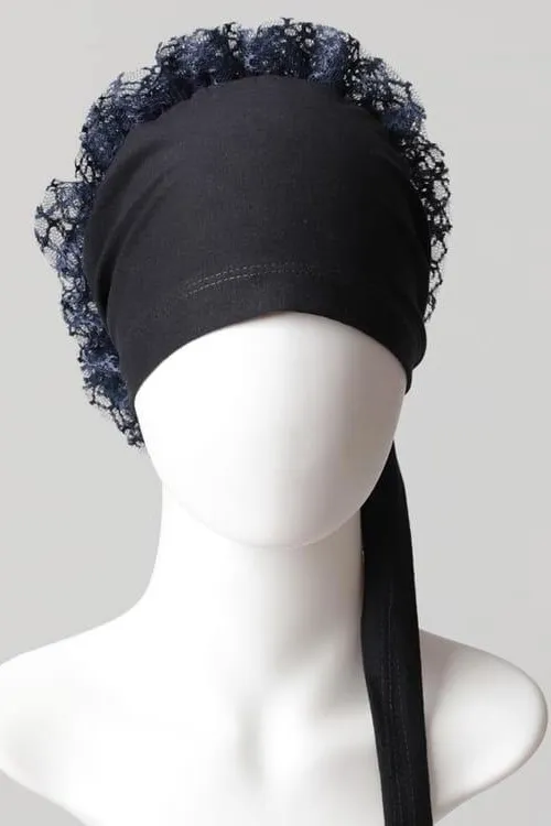 Dantel Topuzlu Önü Dikişli Bone -Lacivert